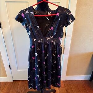 Free People Navy Blue Silk Kimono Floral Dress Women’s Size 2